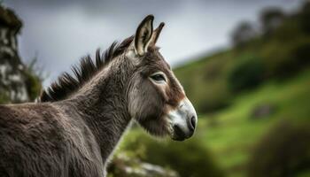 carino cavallo pascolo nel verde prato, guardare a telecamera generato di ai foto