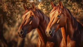 cavallo pascolo nel prato, godendo il bellezza di natura generato di ai foto