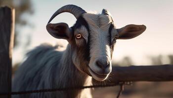 carino capra pascolo nel verde prato, guardare a telecamera generato di ai foto