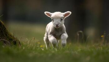 carino giovane agnello pascolo nel verde prato, innocenza e curiosità generato di ai foto