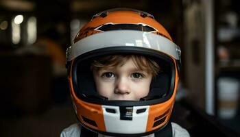 un' carino caucasico ragazzo sorridente, indossare un' gli sport casco mentre Ciclismo generato di ai foto