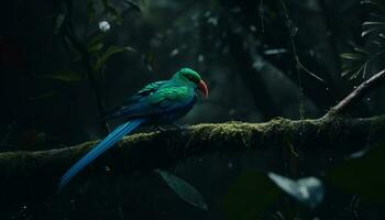 un' colorato uccello perching su un' ramo nel il foresta pluviale generato di ai foto