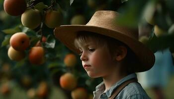 un' carino caucasico ragazzo sorrisi, raccolta fresco frutta su un' azienda agricola generato di ai foto
