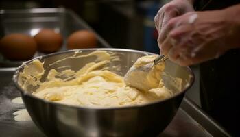 un' persona prepara fatti in casa Impasto nel un' domestico cucina generato di ai foto