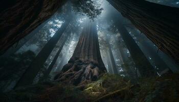 misterioso nebbia coperte buio foresta, rivelatrice spaventoso bellezza nel natura generato di ai foto