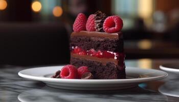 un' buongustaio cioccolato torta con lampone e fragola decorazione generato di ai foto