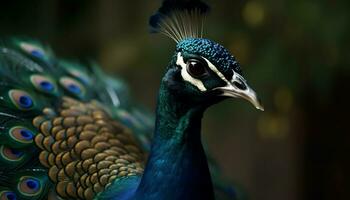 un' vivace pavone viene visualizzato suo maestoso bellezza nel natura eleganza generato di ai foto
