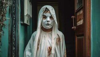 spaventoso Halloween orrore uno persona, caucasico, scuro, misterioso, terrorizzato generato di ai foto