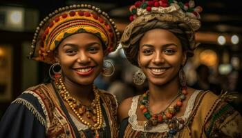 Due giovane donne nel tradizionale capi di abbigliamento sorridente e guardare a telecamera generato di ai foto