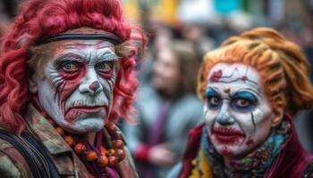 un' spaventoso Halloween celebrazione con il male pagliacci e colorato costumi generato di ai foto