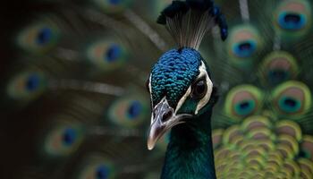 maestoso pavone viene visualizzato vivace colori, in mostra natura bellezza e eleganza generato di ai foto