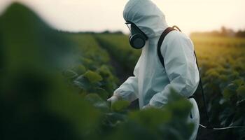 uno uomo Lavorando all'aperto, proteggere natura con agricolo abbigliamento da lavoro generato di ai foto