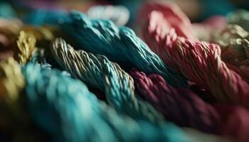cucire mestiere lana filo, vicino su tessile, Multi colorato bobina Materiale modello moda generato di ai foto