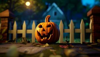 Halloween notte, spaventoso lanterne incandescente, autunno decorazione, il male fantasma sorridente generato di ai foto