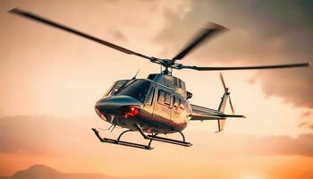elicottero elica Filatura, volante alto su nel il luminosa cielo generato di ai foto