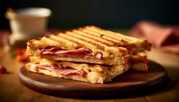 freschezza e buongustaio pasto un' rustico Sandwich su tostato pane generato di ai foto