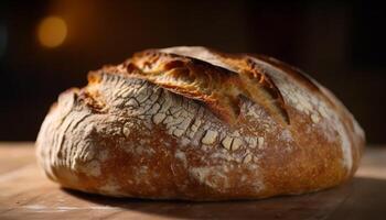 appena al forno fatti in casa pane su un' rustico di legno tavolo generato di ai foto