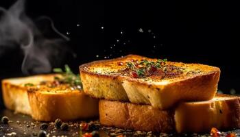 grigliato buongustaio pane fetta, al forno e pronto per mangiare, vicino su pasto generato di ai foto