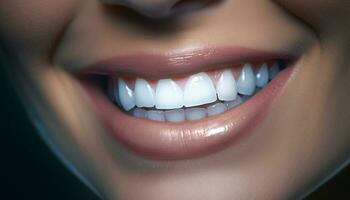 sorridente donna con bellissimo denti, felicità e dentale Salute generato di ai foto