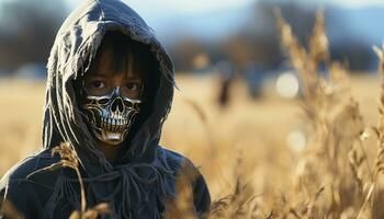 giovane adulti sorridente, guardare a telecamera, all'aperto nel spaventoso Halloween costumi generato di ai foto