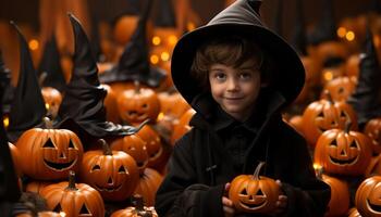 sorridente bambino celebra Halloween con spaventoso zucca lanterna e divertimento generato di ai foto