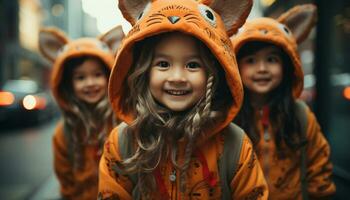 sorridente bambino, felicità, allegro ragazze, divertimento all'aperto, carino infanzia generato di ai foto