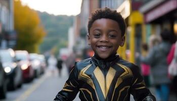 un' allegro africano ragazzo in piedi nel il città, sorridente con fiducia generato di ai foto