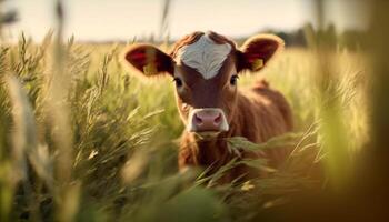 mucca pascolo nel un' verde prato su un' soleggiato estate giorno generato di ai foto