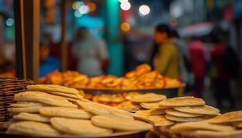 uomini e donne mangiare strada cibo nel un' affollato notte mercato generato di ai foto