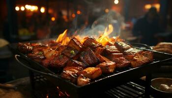 grigliato carne su un' spiedo, fiamme ballare, la creazione di un' delizioso barbecue generato di ai foto