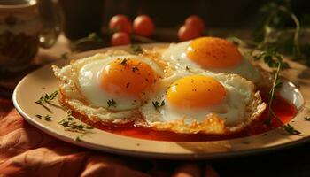 freschezza e calore su un' piatto, fritte uovo e pane generato di ai foto