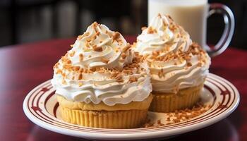 appena al forno Cupcake con cremoso cioccolato glassatura su di legno tavolo generato di ai foto