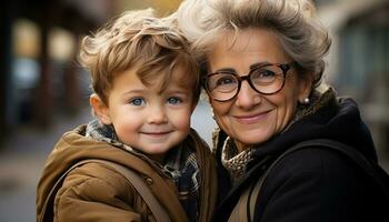 sorridente bambino, famiglia all'aperto, felicità, allegro ragazzi, amore e solidarieta generato di ai foto