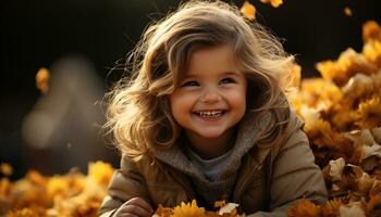 sorridente ragazza gode autunno all'aperto, circondato di giallo foglia bellezza generato di ai foto