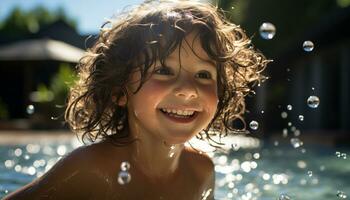 sorridente bambino gode bagnato estate divertimento nel allegro all'aperto generato di ai foto