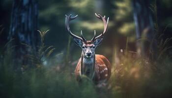 cervo in piedi nel prato, guardare carino, nascondiglio nel tranquillo foresta generato di ai foto