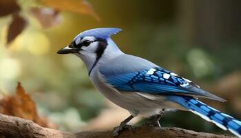 un' piccolo blu uccello perching su un' ramo nel il foresta generato di ai foto