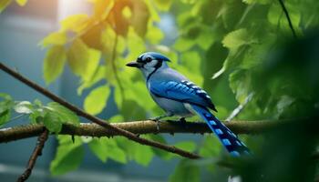 un' colorato uccello perching su un' ramo nel il foresta generato di ai foto