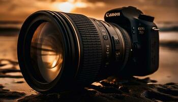 professionale fotografo cattura natura tramonto con vecchio slr telecamera generato di ai foto