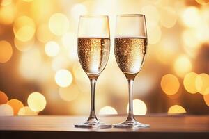 ai generativo. Due Champagne bicchieri su il tavolo su un' sfocato d'oro bokeh sfondo foto