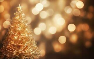 ai generativo. Natale albero sfondo con oro sfocato leggero foto