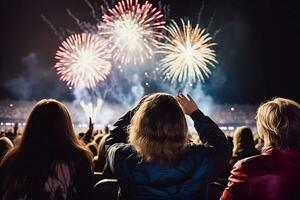 ai generativo. eccitato pubblico indietro Visualizza Guardando coriandoli fuochi d'artificio e avendo divertimento foto