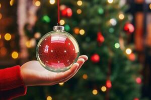 ai generativo. mano di donna Tenere fronzolo nel davanti di Natale albero foto