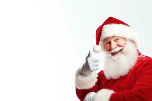 ai generativo. sorridente Santa Claus puntamento su vuoto annuncio pubblicitario bandiera foto