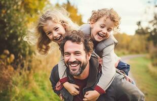 ai generativo. padre dando Due giovane bambini a cavalluccio cavalcate foto