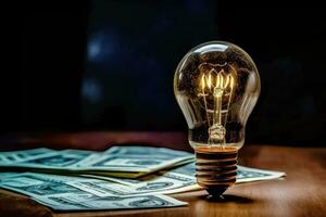 idea e finanza - illuminato leggero lampadina su i soldi banconote - generativo ai foto