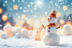 allegro e luminosa - divertente pupazzo di neve nel bokeh Natale scena - generativo ai foto