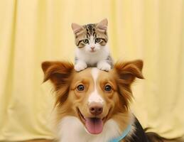 ritratto di un' carino gatto su il adorabile animale domestico cane. concetto di nazionale animale domestico giorno. foto