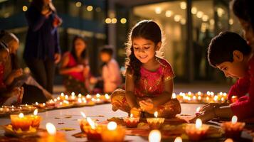 indiano poco ragazza illuminazione olio lampade e festeggiare diwali, festival di luci foto