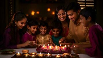 indiano famiglia illuminazione olio lampade e festeggiare diwali, festival di luci a casa foto